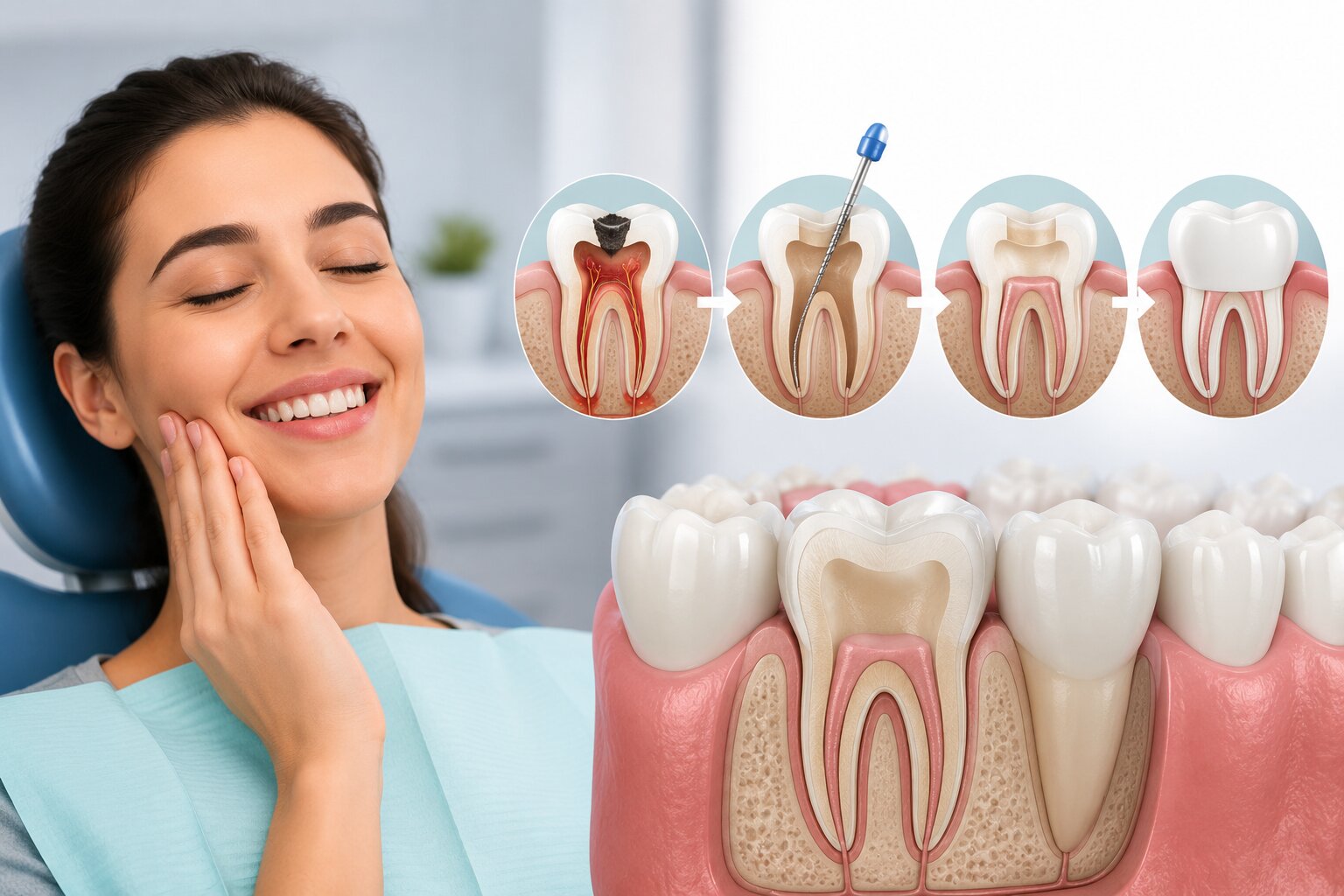 Root canal treatment and final tooth restoration illustration
